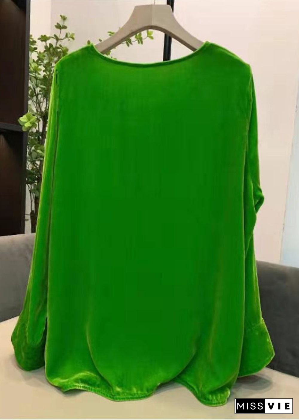 Plus Size Green O-Neck Cinched Velour tops long sleeve