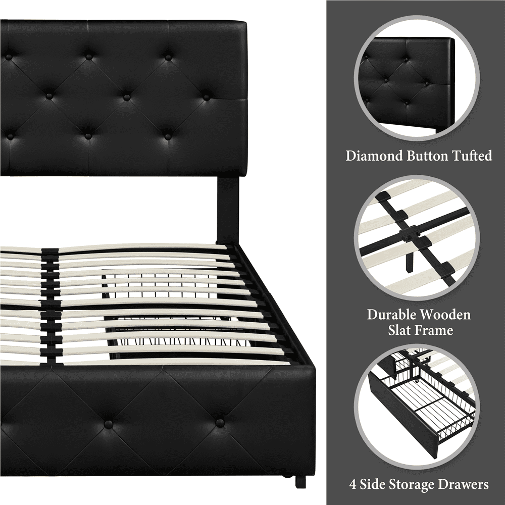 Topeakmart Full Size Upholstered Platform Bed Mattress Foundation with 4 Drawers Storage, Black