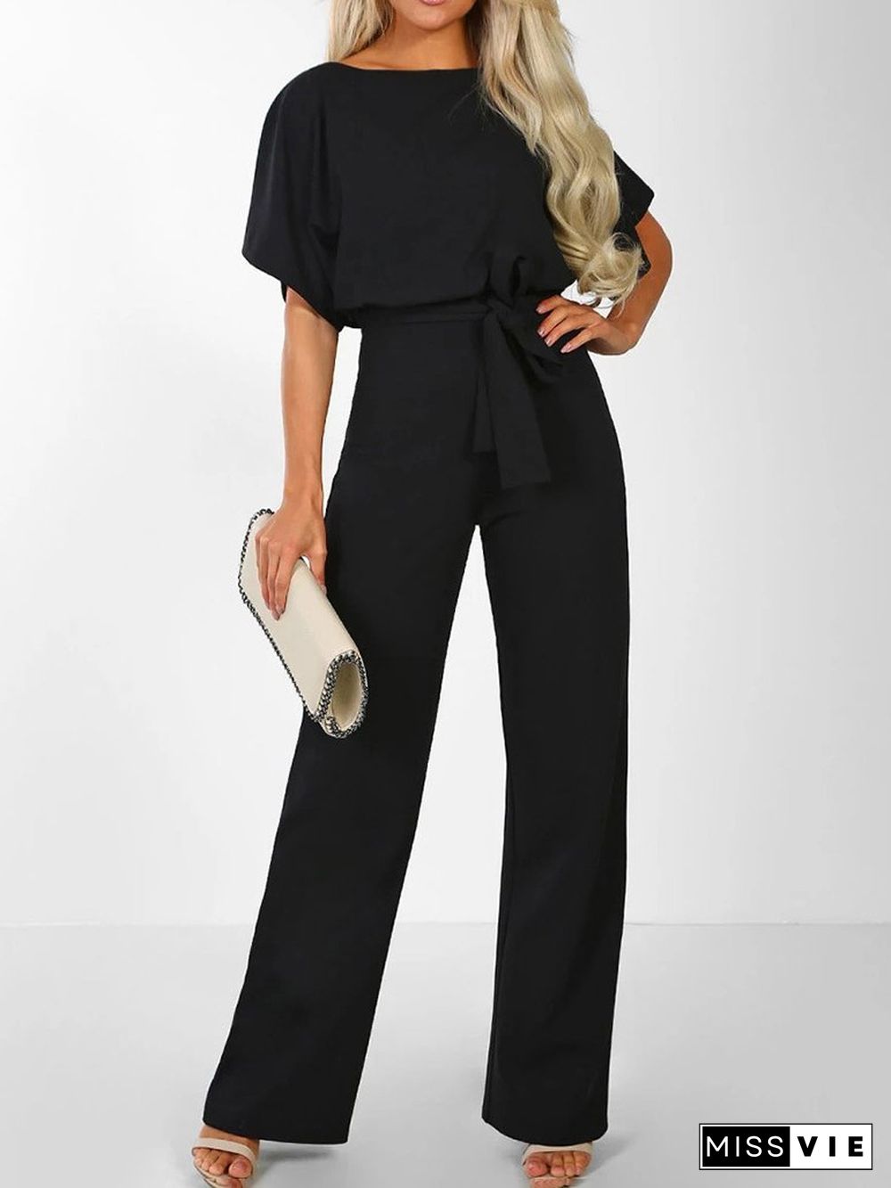 Solid Lace-up Short-sleeved Women's Jumpsuit