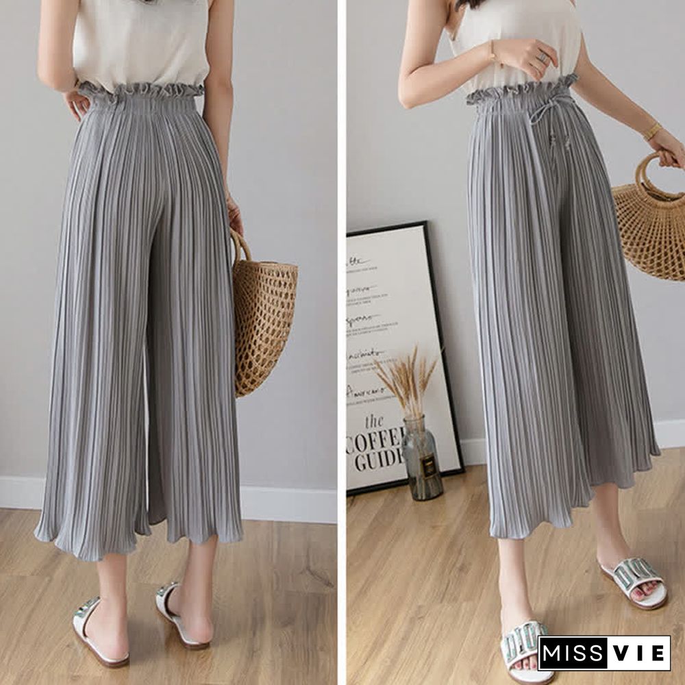 High Waist Chiffon Wide Leg Pleated Casual Pants