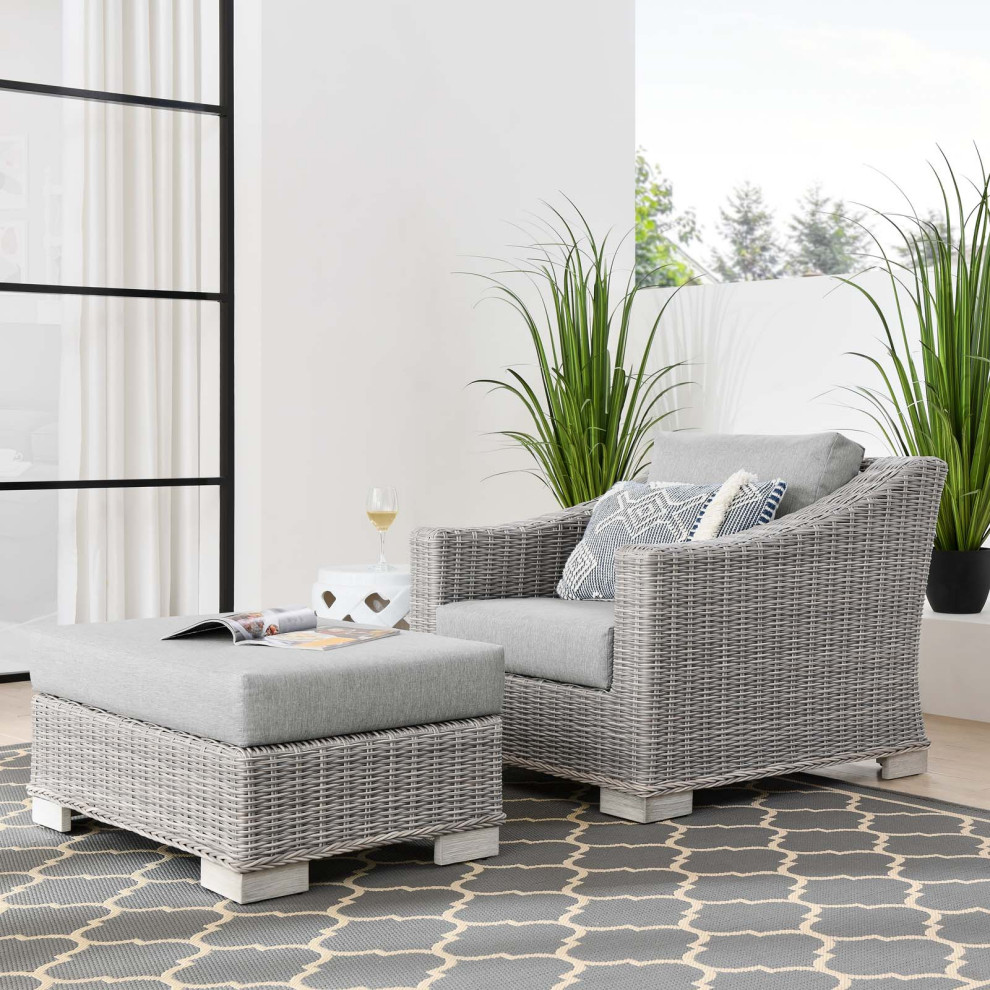 Conway Outdoor Wicker Rattan 2 Piece Armchair Ottoman Set   Tropical   Outdoor Lounge Chairs   by Modway  Houzz