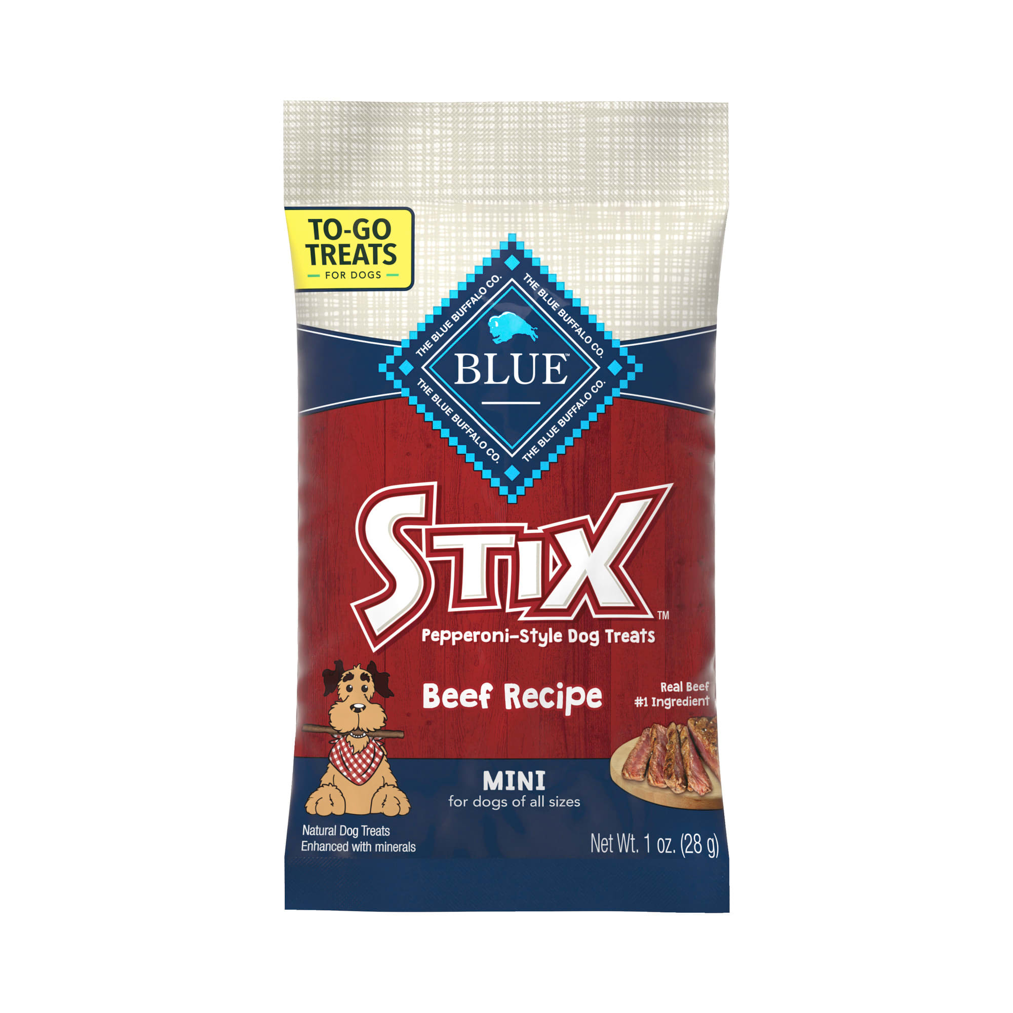 Blue Buffalo Stix Natural Soft-Moist TO-GO Beef Recipe Dog Stick Treats， 1.2 oz.， Count of 12