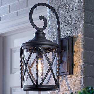 Home Decorators Collection Walcott Manor 8 in. One Light Black Industrial Outdoor Wall Lantern Sconce with Clear Seeded Glass 7954HDCBLDI