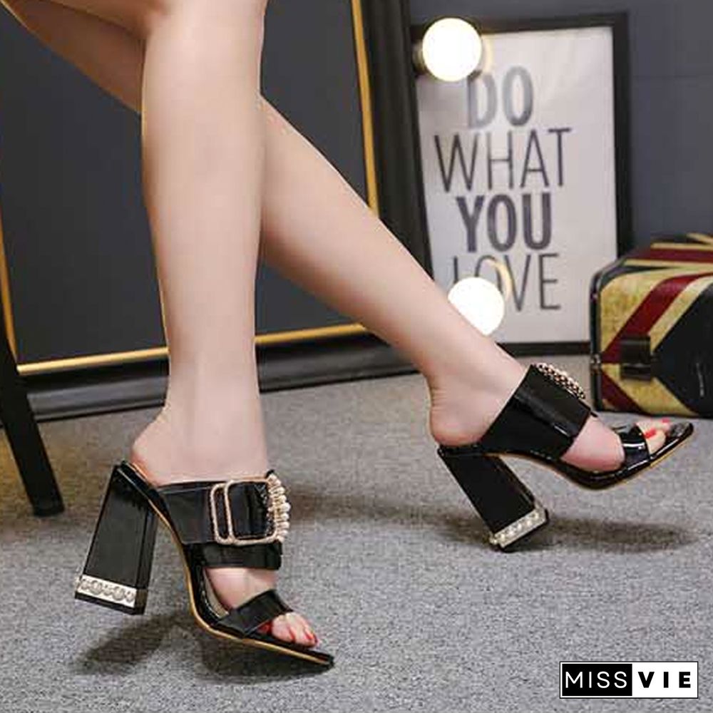 Women Crystal Buckle Square Heel Sandals Mules Slippers Slides Shoes