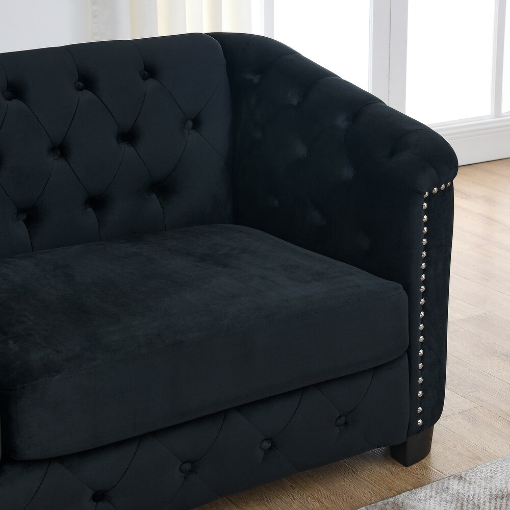 Button Tufted Backrest Sofa 3 Seater Velvet Upholstered Couch with Throw Pillows and Rubber Legs for Living Room Sofa