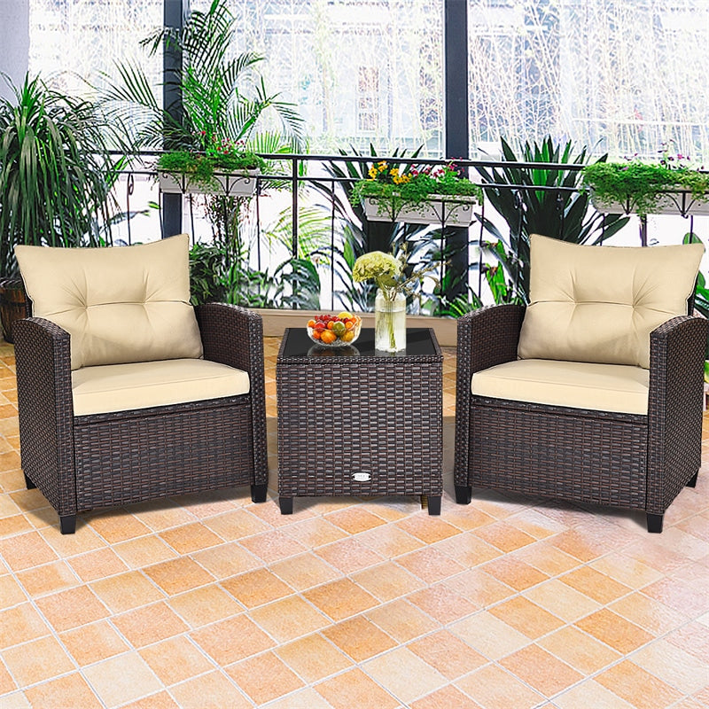 3 Pcs Rattan Patio Conversation Set Outdoor Wicker Sofa Set with Washable Cushions & Coffee Table