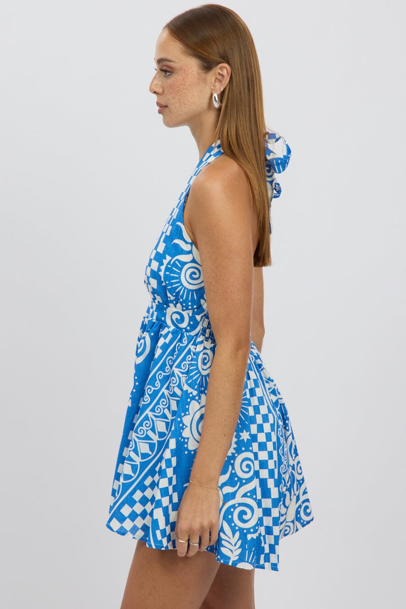 Blue Abstract Playsuit Halter Neck