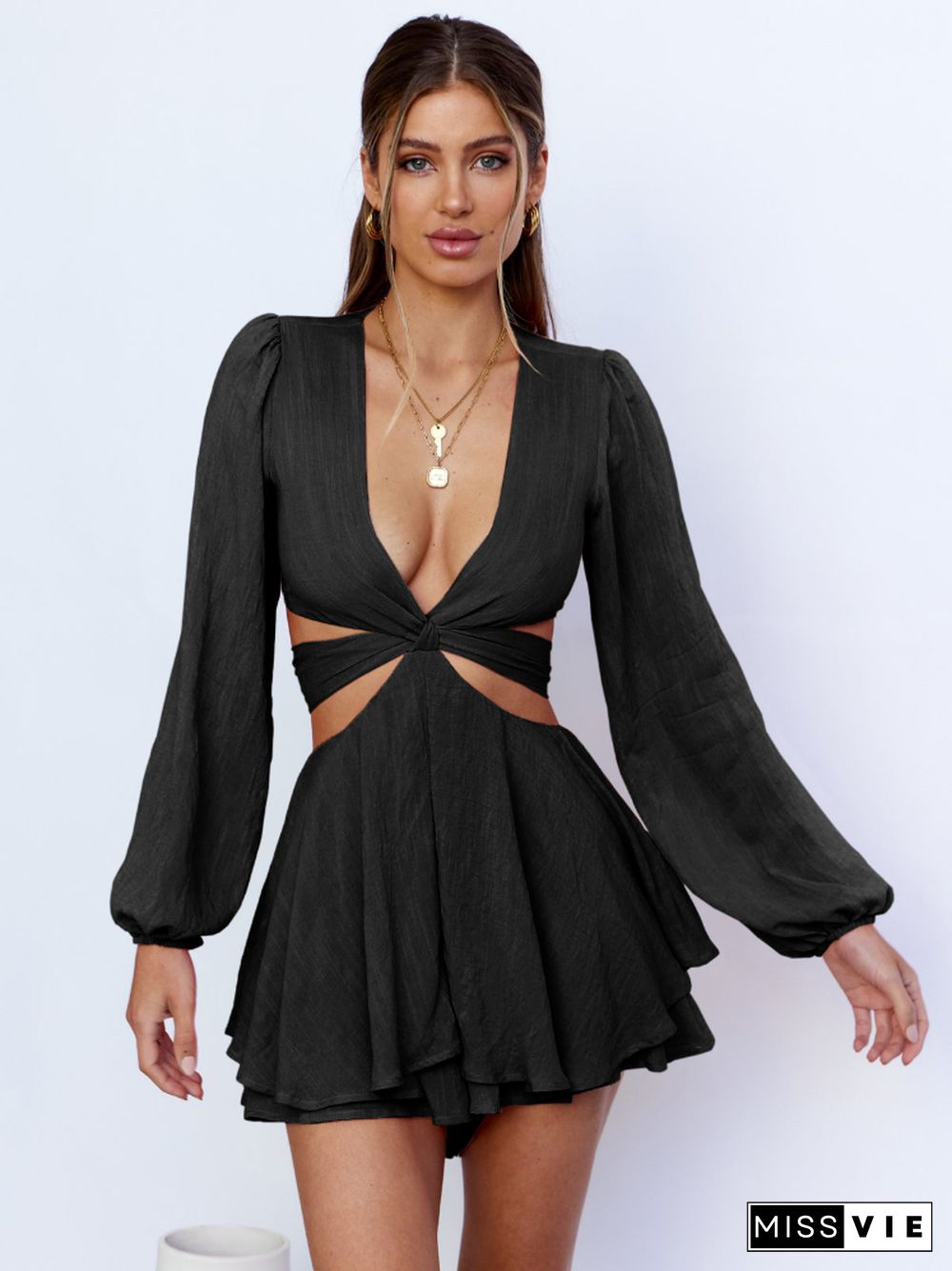 Jumpsuit Solid Color Trouser Skirt Deep V-neck Slim Fashion Women's Lantern Long Sleeve Ruffled Dress Women Skirt Dresses Women