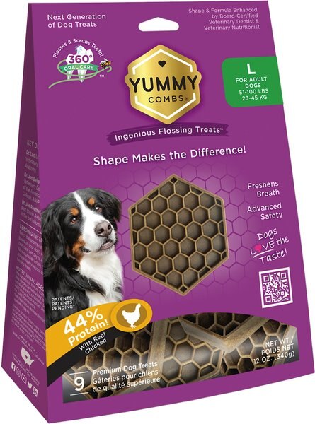 Yummy Combs Ingenious Oral Care Flossing Large Breed Grain-Free Adult Dog Treats， 9 count