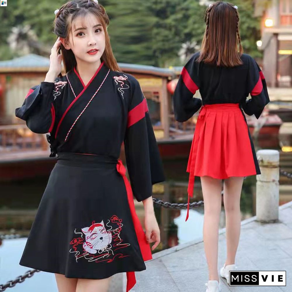 Vintage Fox Embroidery T-Shirt Lace Up Skirt Set