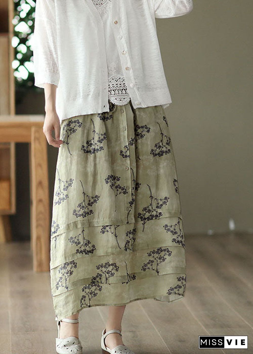 Plus Size Light Green High Waist Patchwork Print Linen Skirt Summer