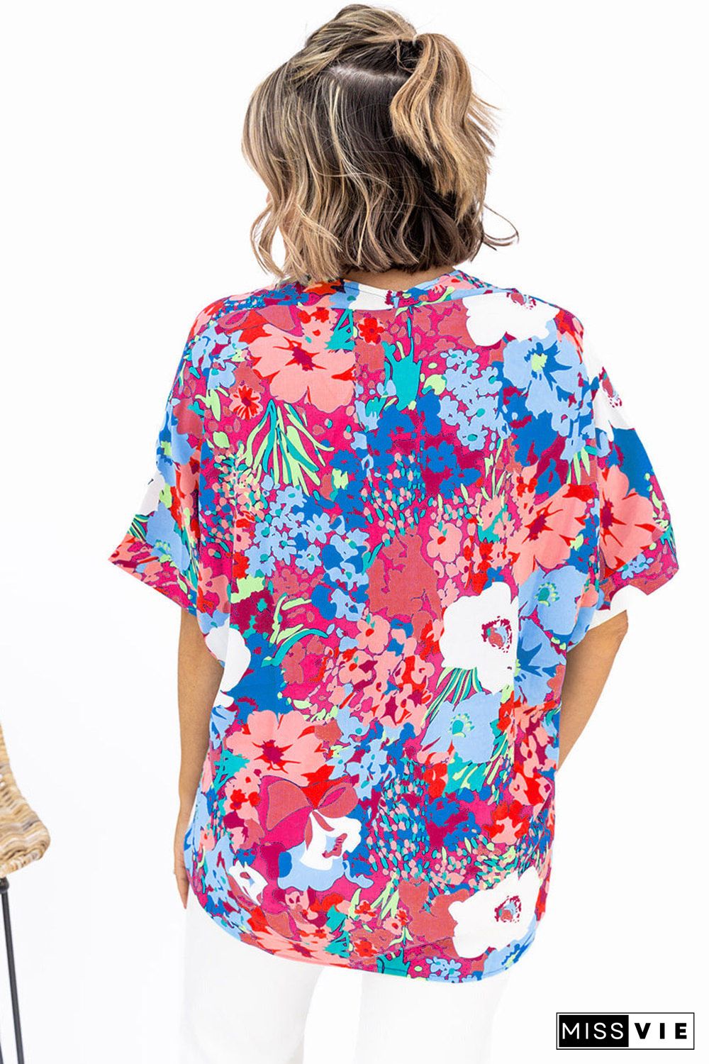 Sky Blue V Neck Dolman Sleeve Plus Size Floral Blouse