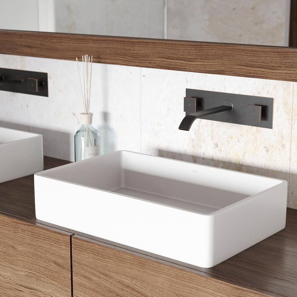 VIGO Magnolia Modern White Matte Stone 21 in. L x 14 in. W x 5 in. H Rectangular Vessel Bathroom Sink VG04010