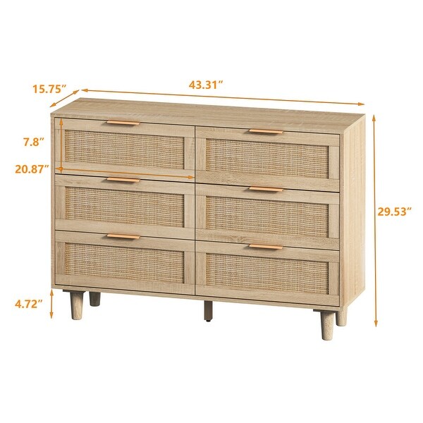 6 Drawer Dresser for Bedroom， Modern Rattan Closet Dressers Chest of Drawers， Wood Storage Cabinets Corner Bedside Table - - 37851519