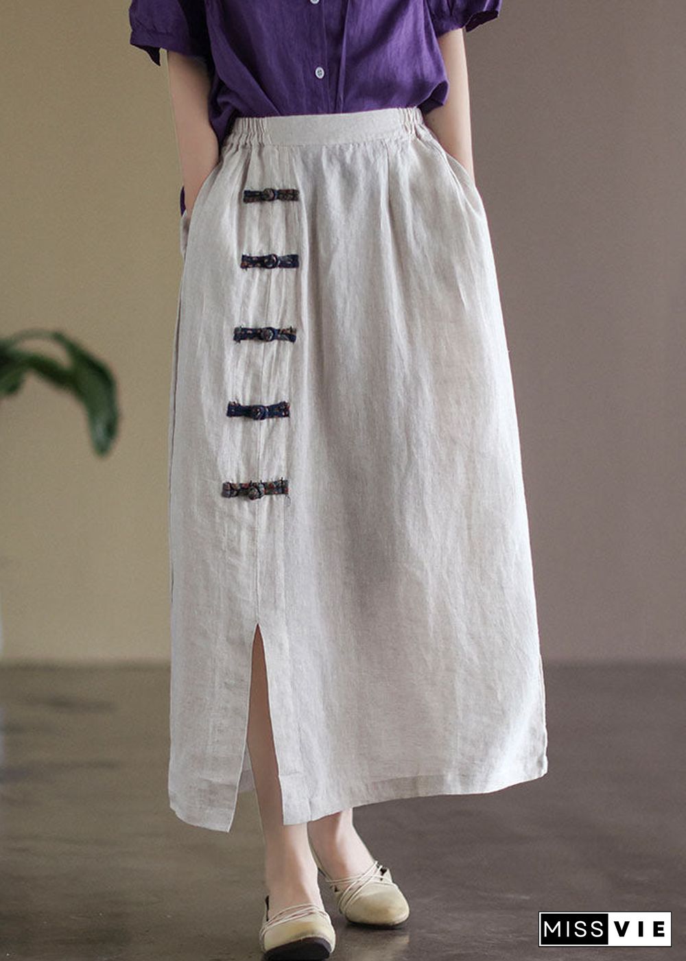 White Pockets Linen A Line Skirts High Waist Oriental Button Summer