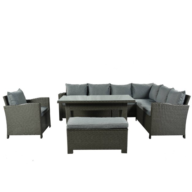 6pc Outdoor Set With Loveseats Sofa Chair Bench amp Coffee Table Gray Godeer