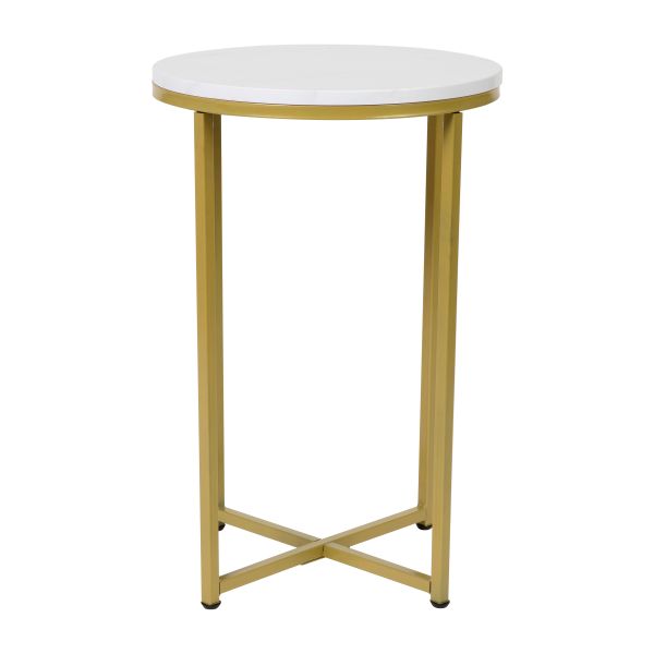 Hampstead Collection End Table - Modern White Marble Finish Accent Table with Crisscross Brushed Gold Frame