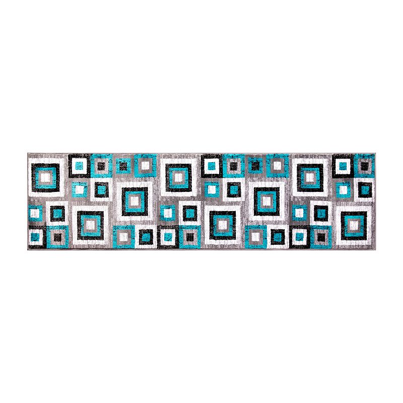 Masada Rugs Newton Collection Modern 2'x7' Accent Rug with Geometric Square Pattern in Turquoise， Gray and White