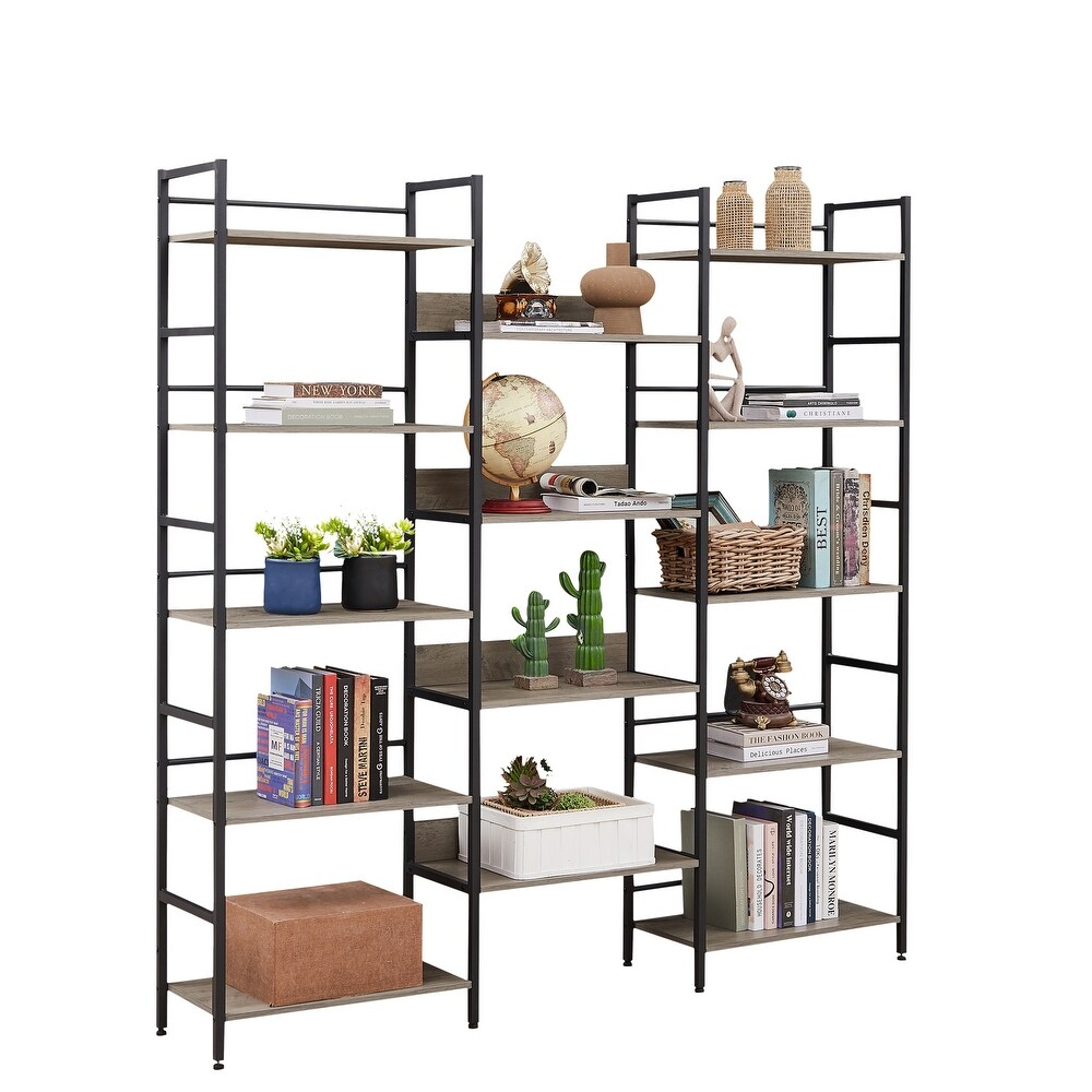 Triple Wide 5 shelf Bookshelves Industrial Retro Wooden Style Home and Office Large Open Bookshelves