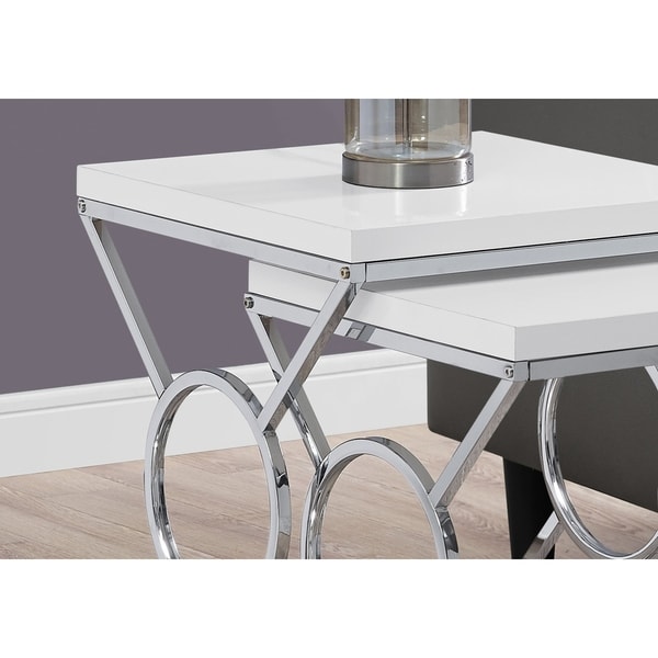 Nesting Table， Set of 2， Side， End， Accent， Living Room， Bedroom， Metal， Laminate， Glossy Chrome， Contemporary， Modern