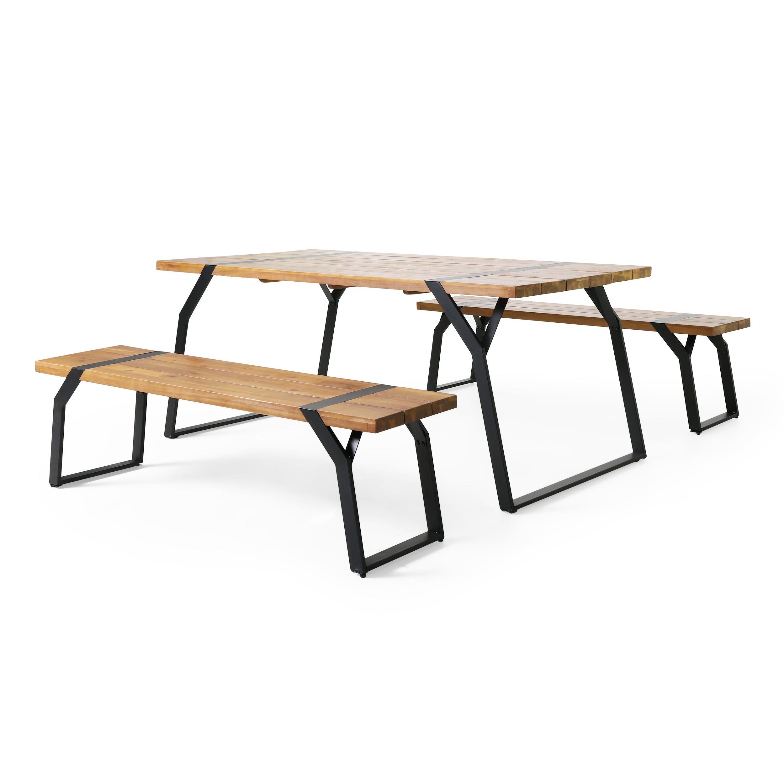 Pepple Outdoor Acacia Wood 3 Piece Picnic Dining Set, Teak and Black