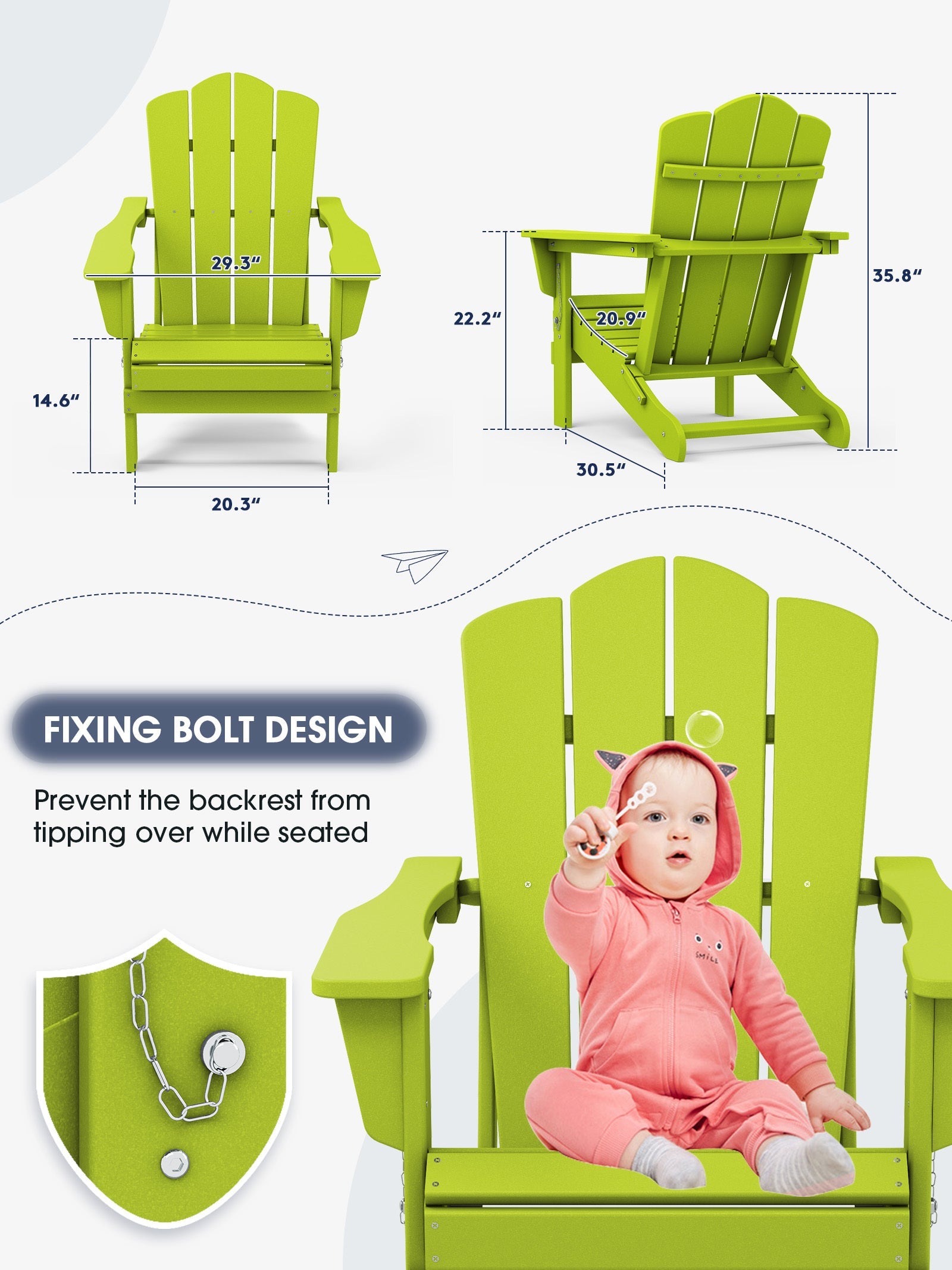 Outdoor Patio Folding Plastic Adirondack Chair for Garden, Apple Green