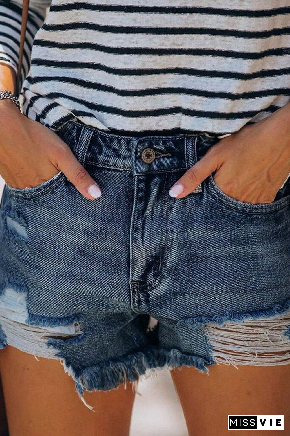 Hole Fringed Denim Casual Shorts