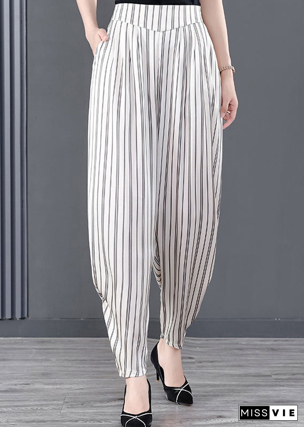 DIY White Striped Pockets Patchwork Chiffon Pants Summer