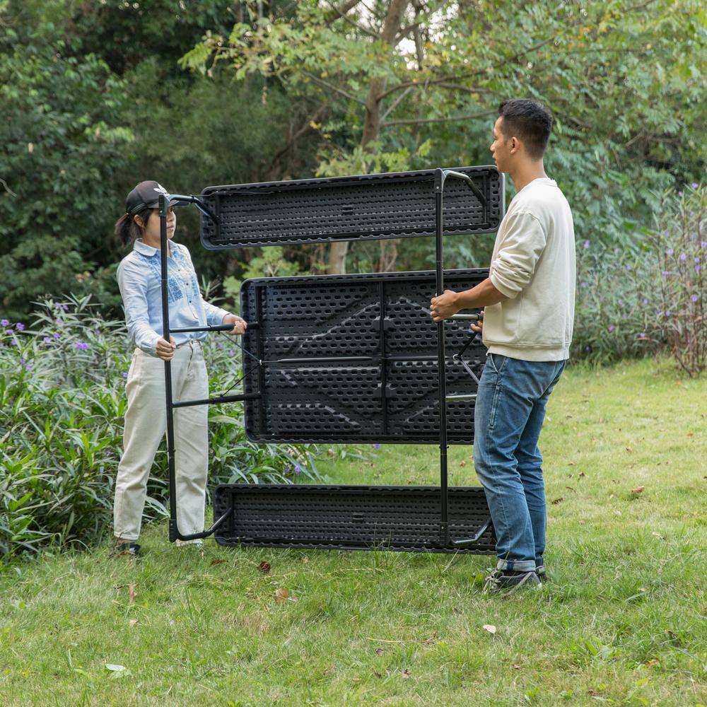 Gardenised Woodgrain Plastic and Steel Gray Outdoor Foldable Portable Picnic Table Set QI003910GY