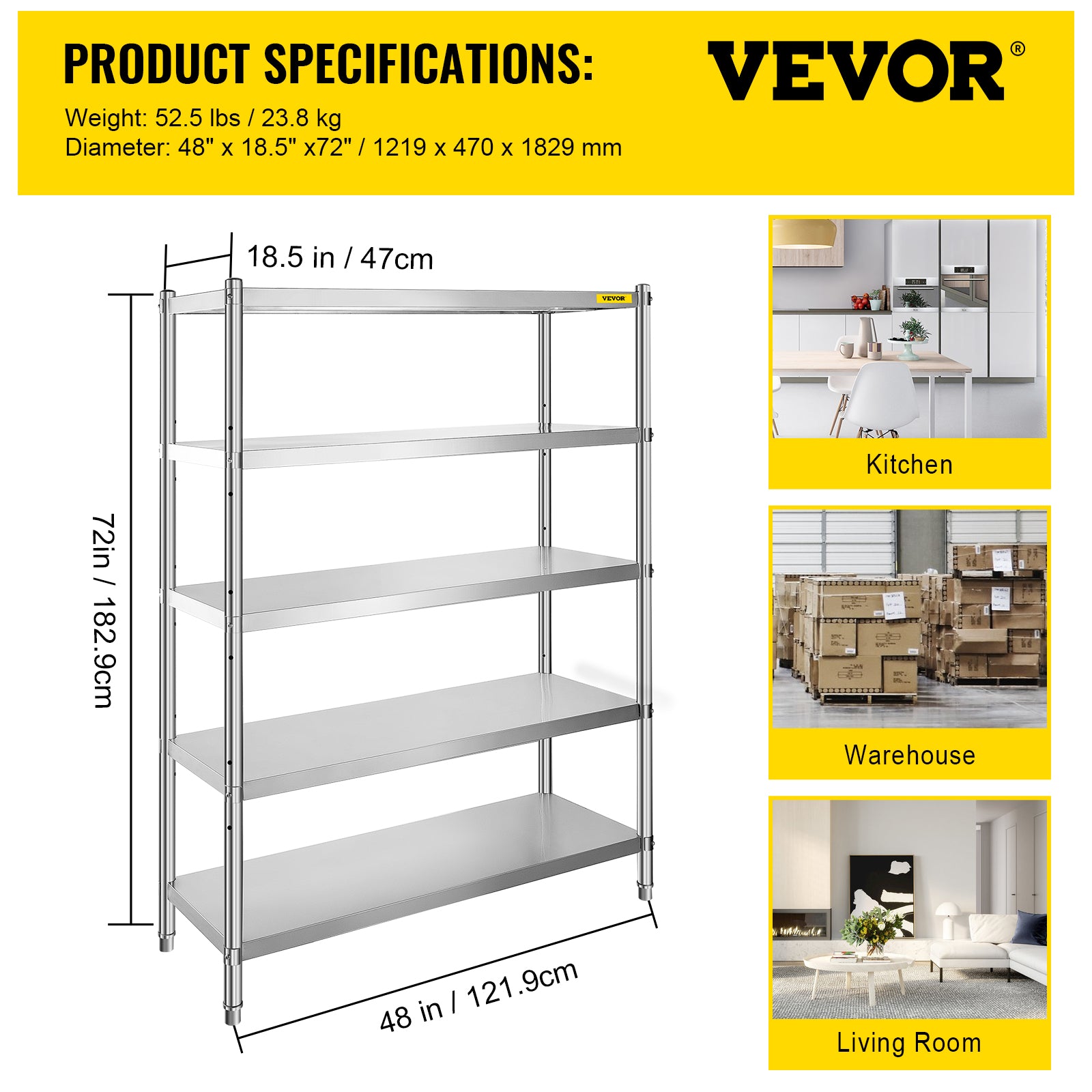 VEVORbrand Stainless Steel Shelving 48x18.5 inch 5 Tier Adjustable Shelf Storage Unit Heavy Duty Shelving for Kitchen Commercial Office Garage Storage 330lb Per Shelf