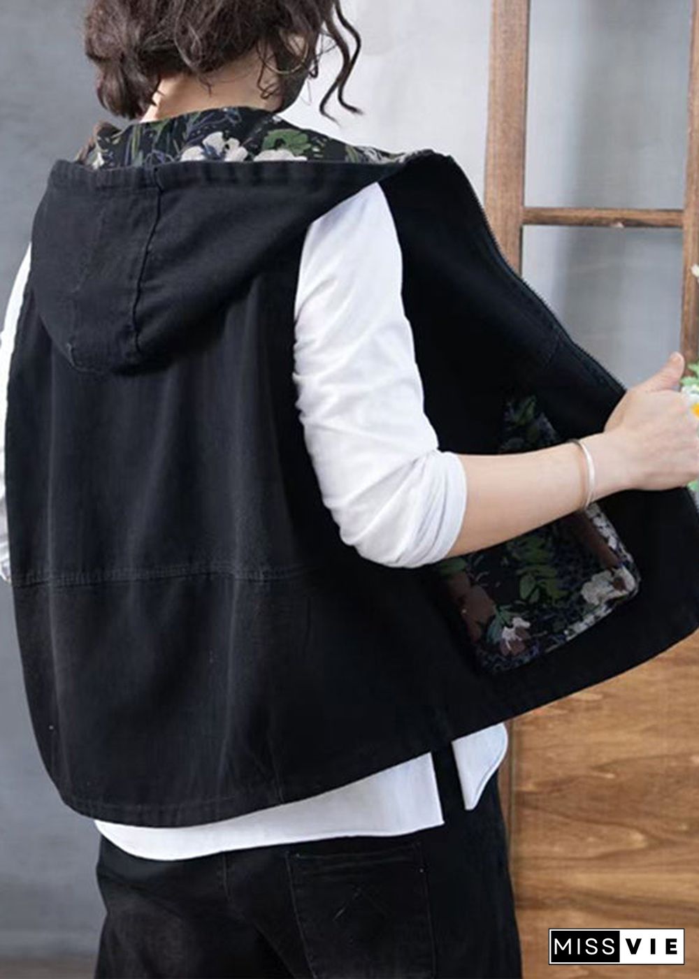 Women Green Zippered Print Hooded Denim Waistcoat Sleeveless