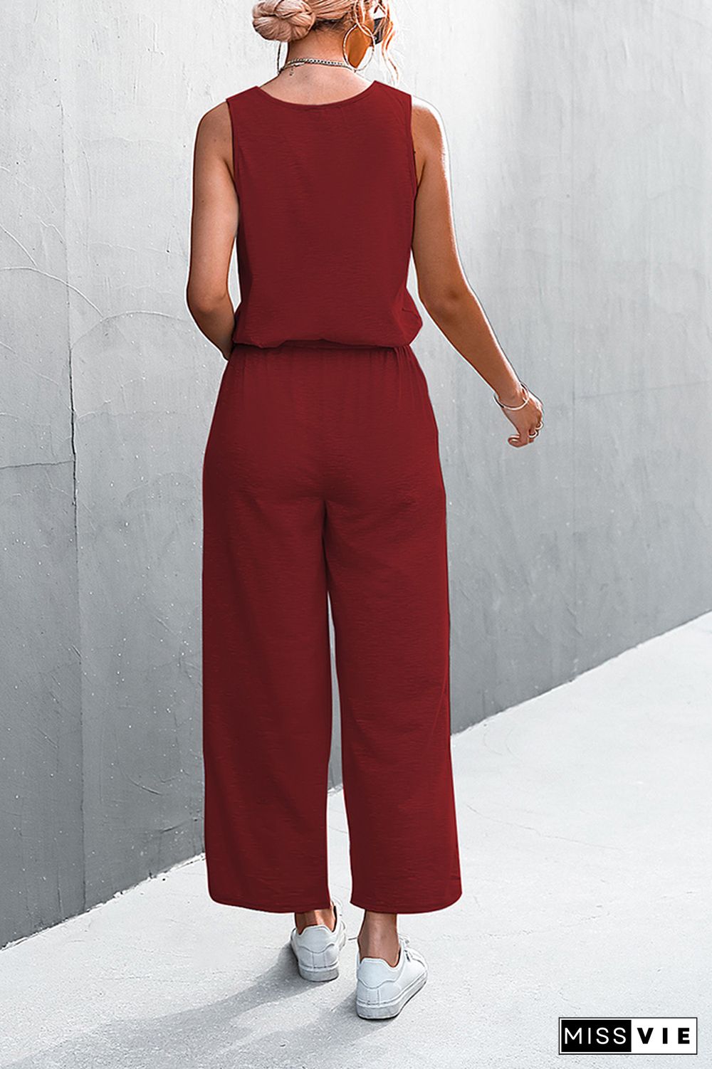 Solid Sleeveless Drawstring Waist Jumpsuit Wholesale