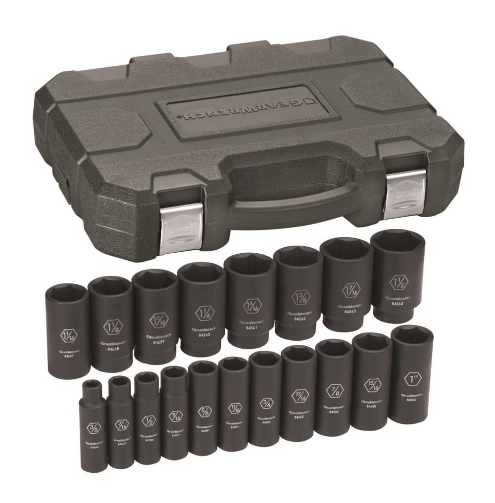 19 Pc. 1/2 Drive 6 Point Deep Impact Socket Set， SAE ;