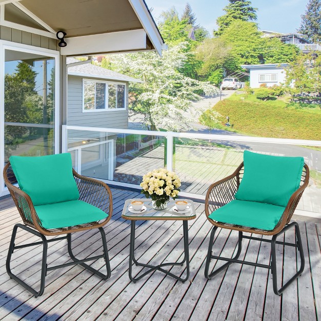 Costway 3pcs Patio Rattan Bistro Set Cushioned Chair Glass Table Deck White turquoise