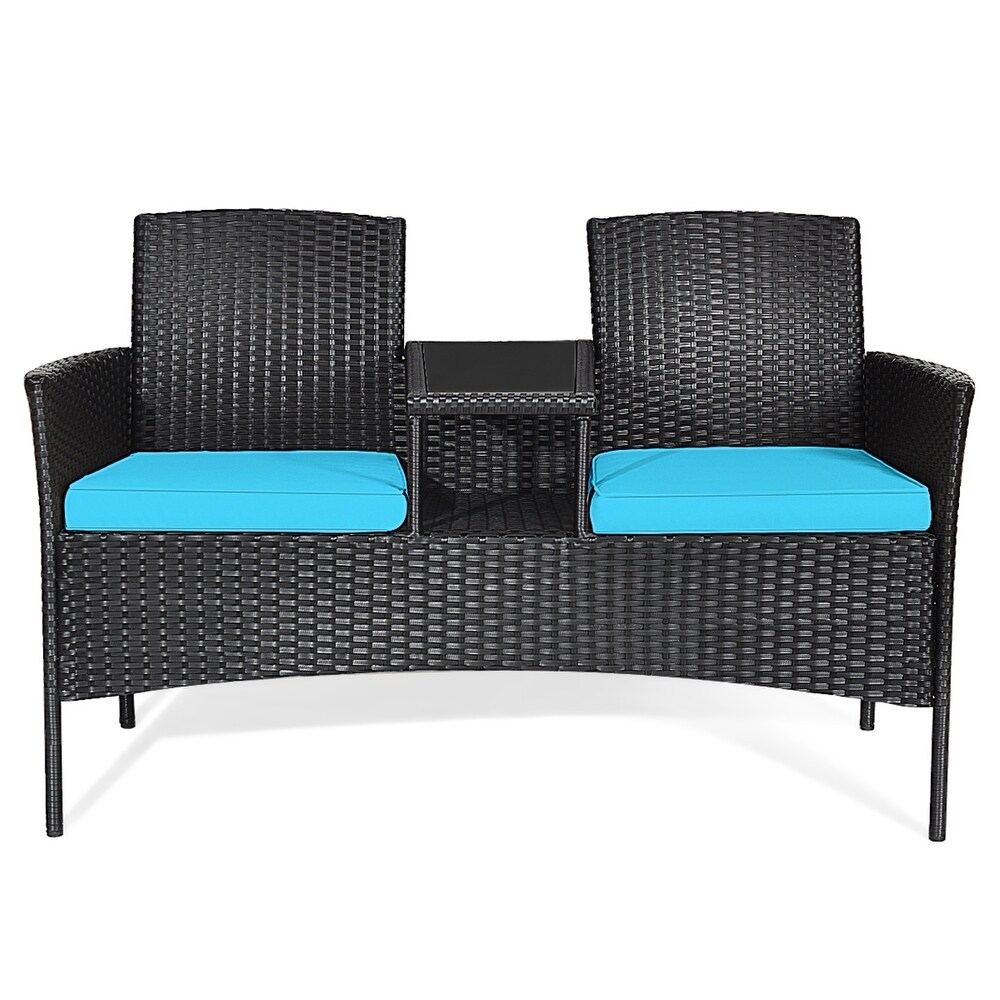 Gymax Rattan Wicker Patio Conversation Set w/ Table Turquoise Cushion   54.5'' x 24'' x 33.5'' (L x W x H)