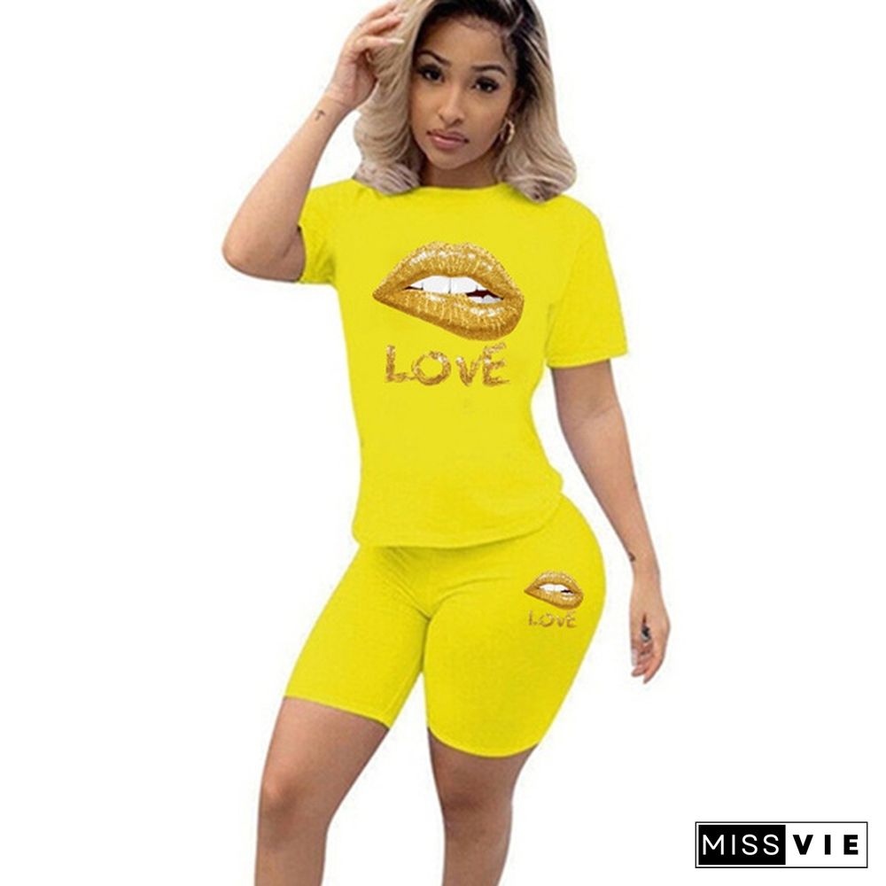 Two-Piece Fashion Womens Clothing Short-Sleeved Crew Neck T-Shirt And Tight-Fitting Shorts Tracksuit Outfit