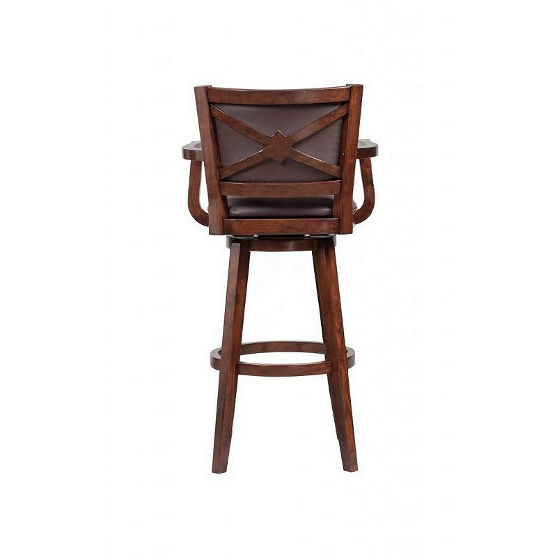 Nailhead Trim Faux Leather Upholstered Barstool with Wooden Arms， Dark Brown