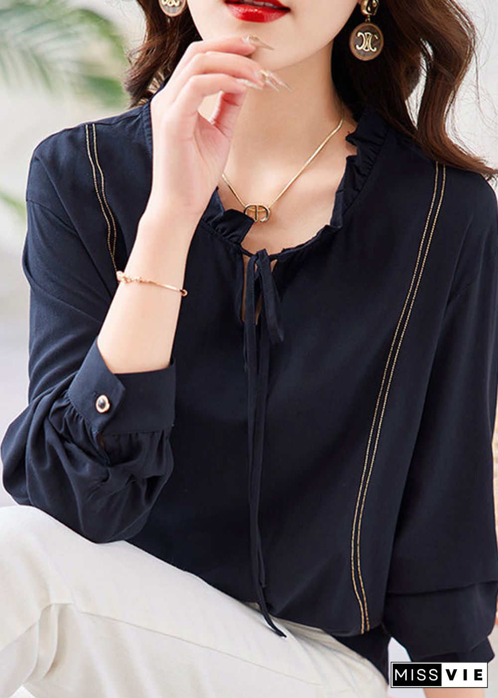 Chic Navy Neck Tie Patchwork Chiffon Shirt Long Sleeve