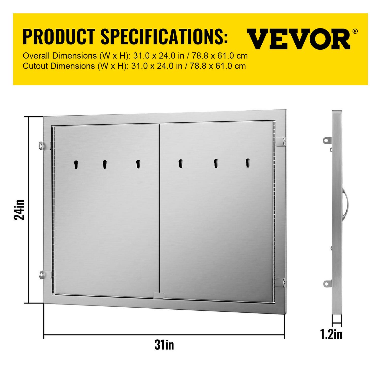 VEVORbrand BBQ Double Access Door 31W x 24H inch， BBQ Door Stainless Steel Wall Construction Vertical， Outdoor Kitchen Door for BBQ Island， Grilling Station， Outside Cabinet