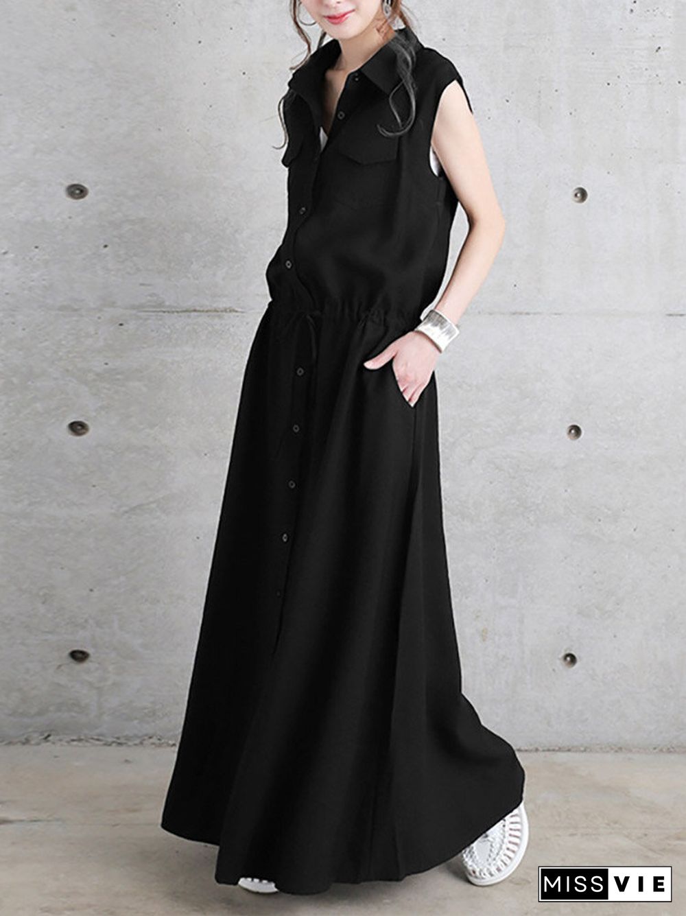 Solid Drawstring Waist Pocket Button Front Maxi Cargo Dress