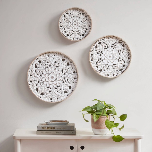 3pc Medallion Trio Wood Wall Decor Set Panel Natural white Madison Park