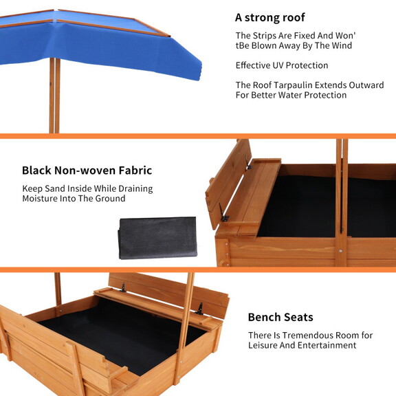 Wood Sandbox with Cover  Sand Box with 2 Bench Sea...