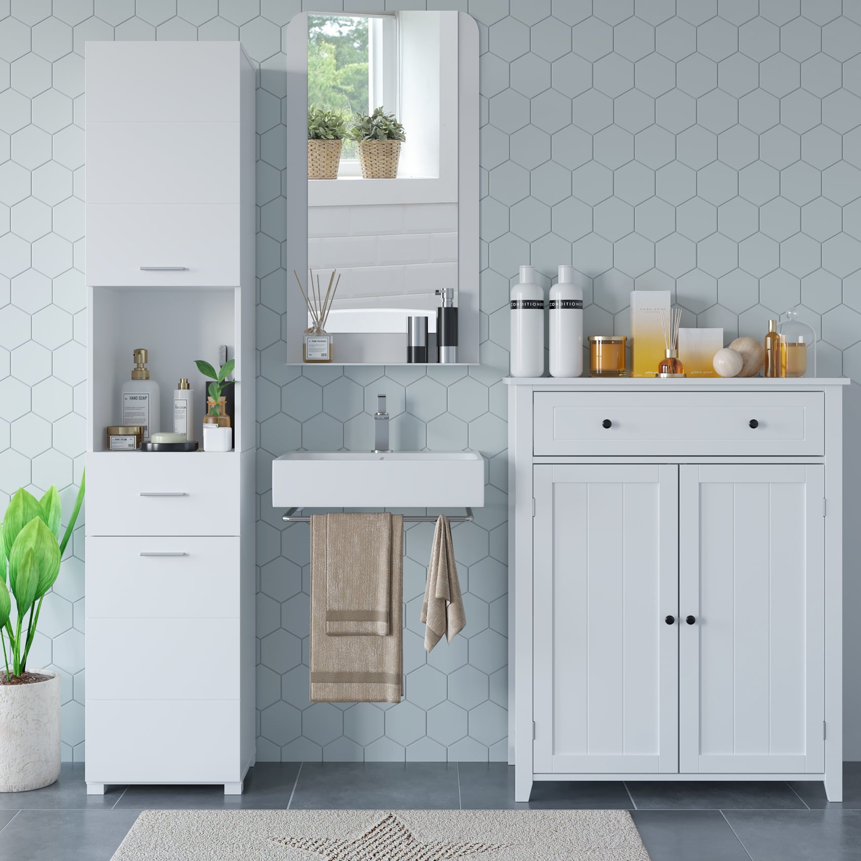 Homfa White Cabinet with Doors and Shelves, 71'' Floor Standing Wood Shelving Units for Bathroom