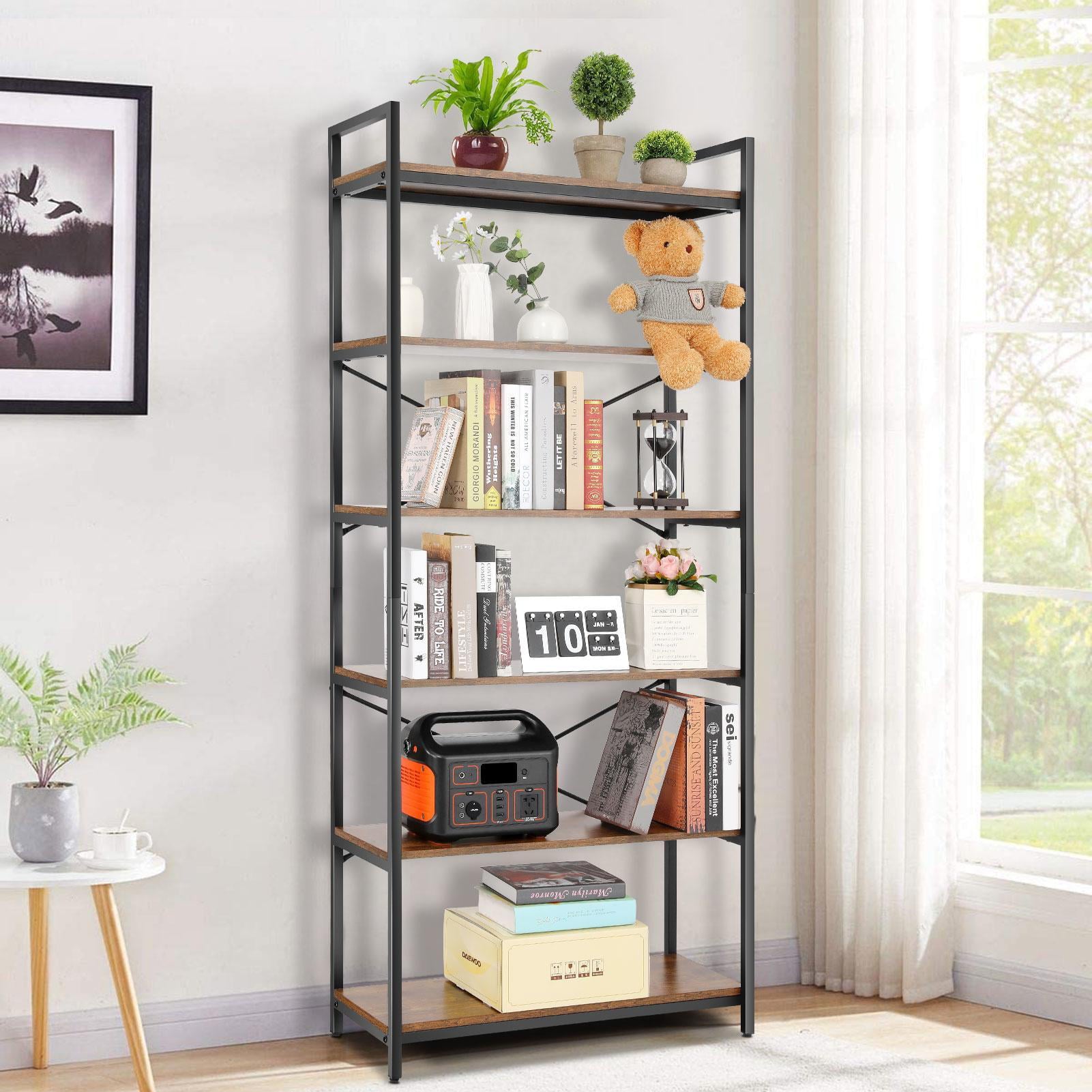 6 Tier Bookshelf Industrial Book Shelves Wall Storage Organizer Wooden Bookcase, Adjustable Metal Wood Shelving Unit Rack with Feet Pad for Home Office Kitchen Bathroom Study Room