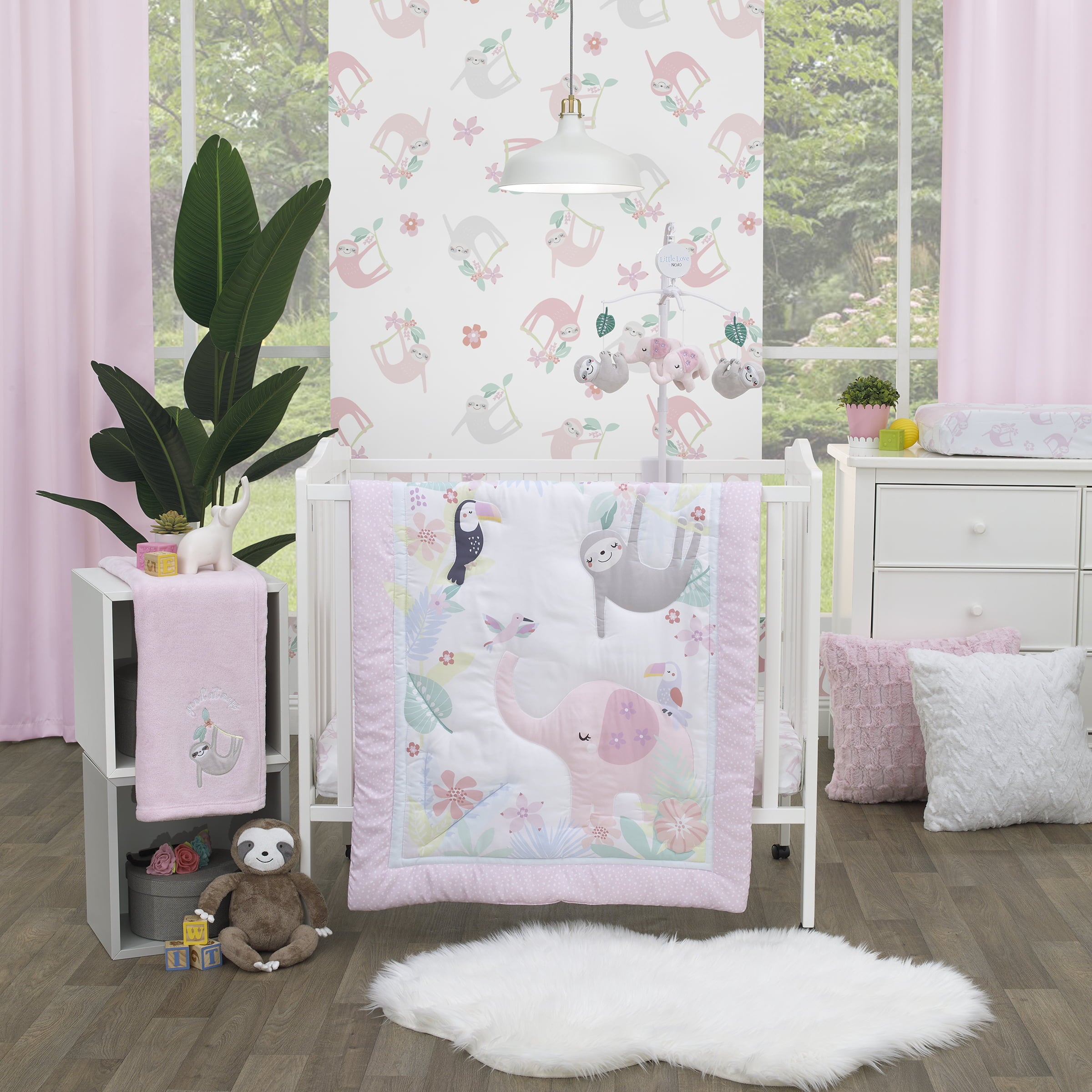 Little Love by NoJo Tropical Garden 3-Pc Mini Crib Bedding Set， Pink Jungle Animals