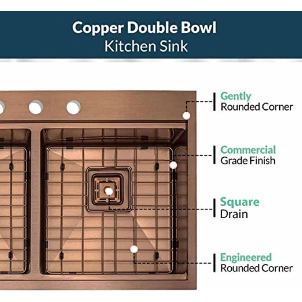 S STRICTLY KITCHEN + BATH TMR5050WS-Copper 16 Gauge Stainless Steel 33 in. Double Bowl Drop-In Workstation Kitchen Sink with Square Drains TMR5050WS-C