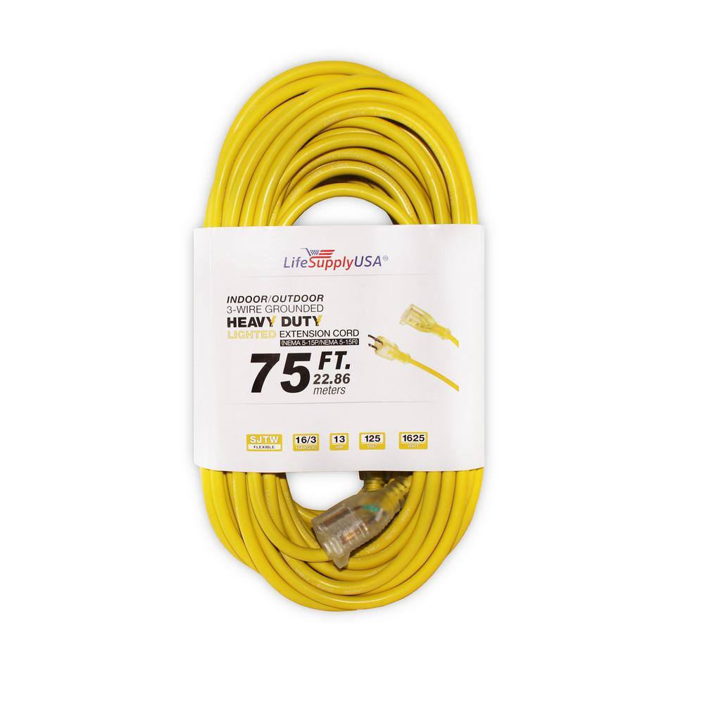 LifeSupplyUSA 75 ft. 163 SJT 13 Amp 125-Volt 1625-Watt Lighted End IndoorOutdoor Heavy-Duty Extension Cord 16375FT