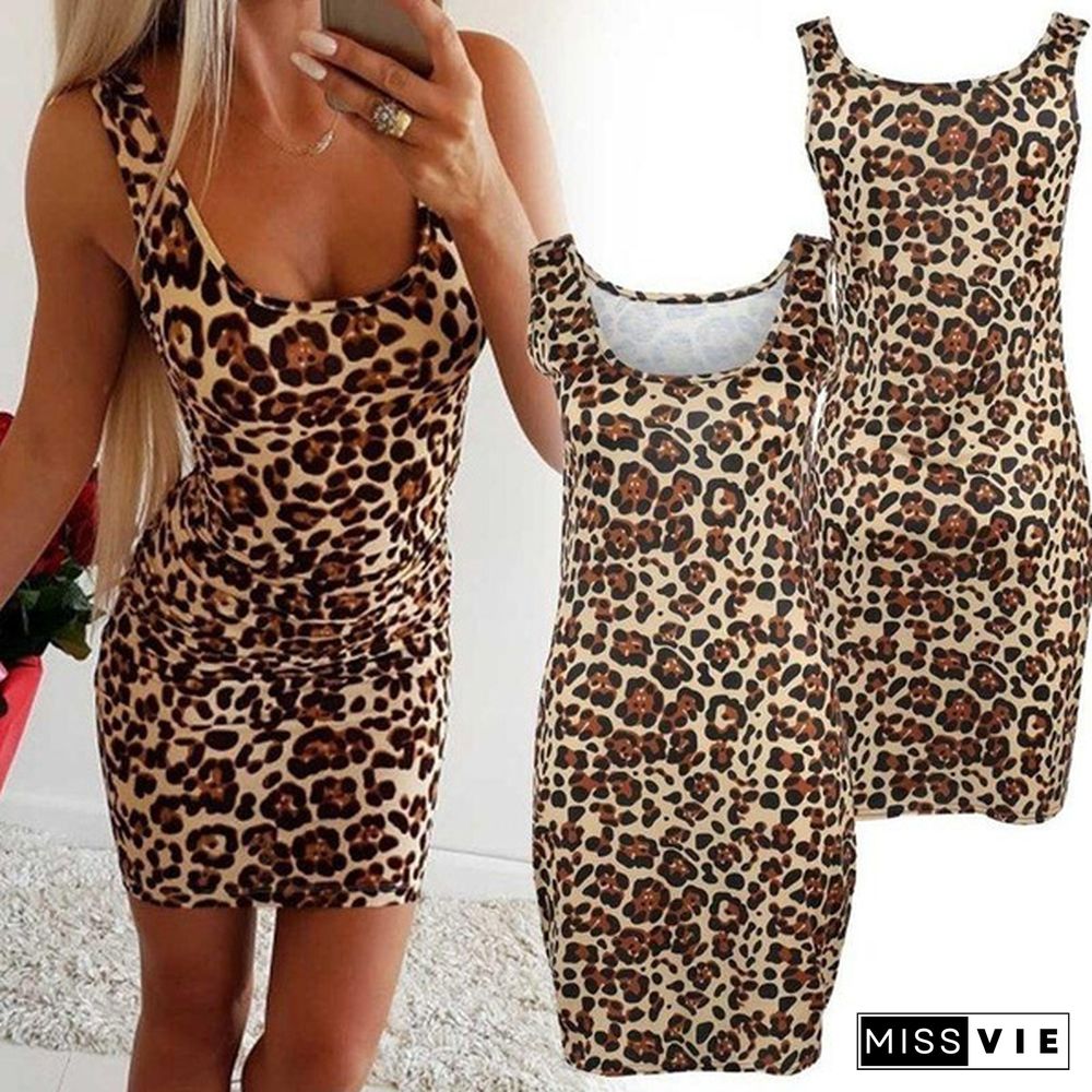 Sexy Slim Leopard Print Hip Dress Summer Casual Sleeveless Low Collar Evening Party Short Dress Mini Dress