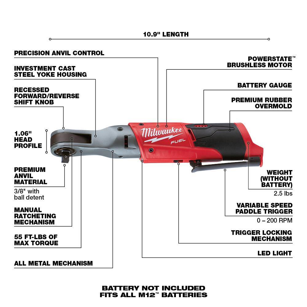 MW M12 12V Lithium-Ion Cordless Sub-Compact Band Saw and 38 in. Ratchet Combo Kit W (1) 2.0Ah Battery and Charger 2429-20-2557-20-48-59-2420