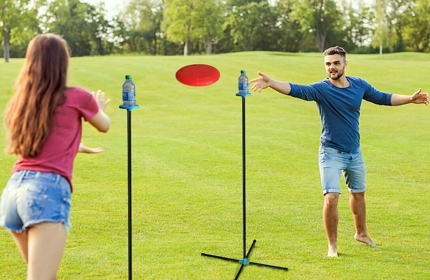 Toss Game Set - Flying Disc Bottle Drop Yard Game- Frisbee Target Backyard Game with Poles & Bottles for Adult, Kids and Family